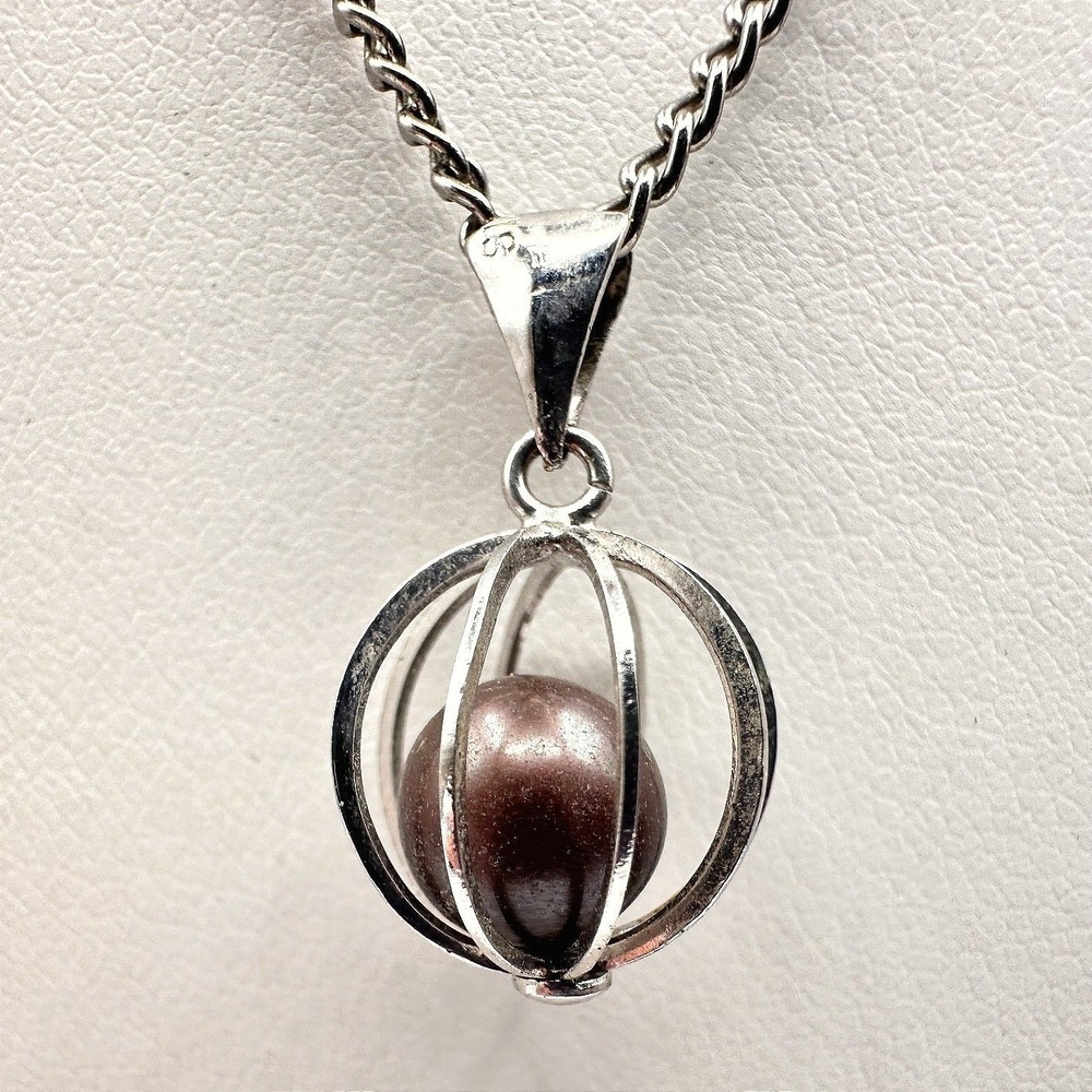 Vintage 90s Silver Tone Cage Necklace Faux Chocolate‎ Pearl Fashion Jewelry